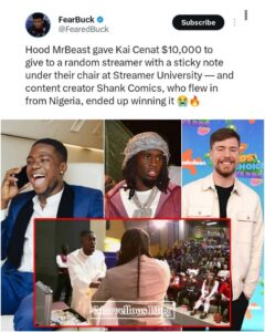 Shanks Comic as won Mr beast's $10,000 dollar prize at Kai cents streamers university