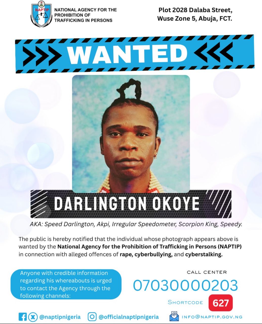 On June 27, 2025, the National Agency for the Prohibition of Trafficking in Persons (NAPTIP) officially declared Speed Darlington (Darlington Okoye) wanted over allegations of rape, cyberbullying, and cyberstalking following his widely shared video claiming he had sex with a 15‑year‑old girl . The agency also noted he failed to appear for questioning after being summoned on May 30 and again disregarding a rescheduled date . --- Speed Darlington’s Reaction Speed Darlington has flatly denied that NAPTIP has any right to label him “wanted.” He said: > “Thanks for the heads up, but I’m not worried. They have no right to declare me wanted. My lawyer has already sent it to me. They just want to embarrass themselves. My lawyer will handle it.” He insists his legal team is taking charge and downplays the notice as an overstep by the agency. --- The Background The uproar began in May 2025, when Speed Darlington admitted on a live Instagram video to having sex with a 15‑year‑old, claiming it was all a publicity stunt to boost his new song . Critics, human rights groups, and the Lagos State Domestic and Sexual Violence Agency reacted with outrage, prompting the matter’s escalation to NAPTIP . --- So, where things stand now: | Status | Detail | |---|---| | NAPTIP action | Formally declared him wanted; urging public assistance to locate him | | Speed's stance | Refusing to acknowledge the declaration, entrusting matters to his lawyer | | Potential next steps | NAPTIP is reportedly coordinating with other agencies to prevent flight and enforce compliance | --- Bottom Line Speed Darlington is currently publicly wanted by NAPTIP, but he’s dismissing the move and relying on legal intervention. The agency, however, is not backing down and continues to push for his appearance to respond to the charges.
