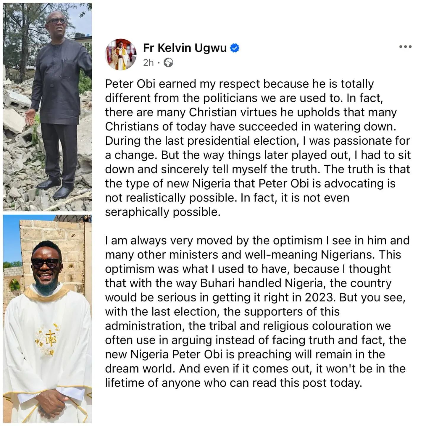 The new Nigeria Peter obi is preaching will remain in the dream world - Father Kelvin ugwu