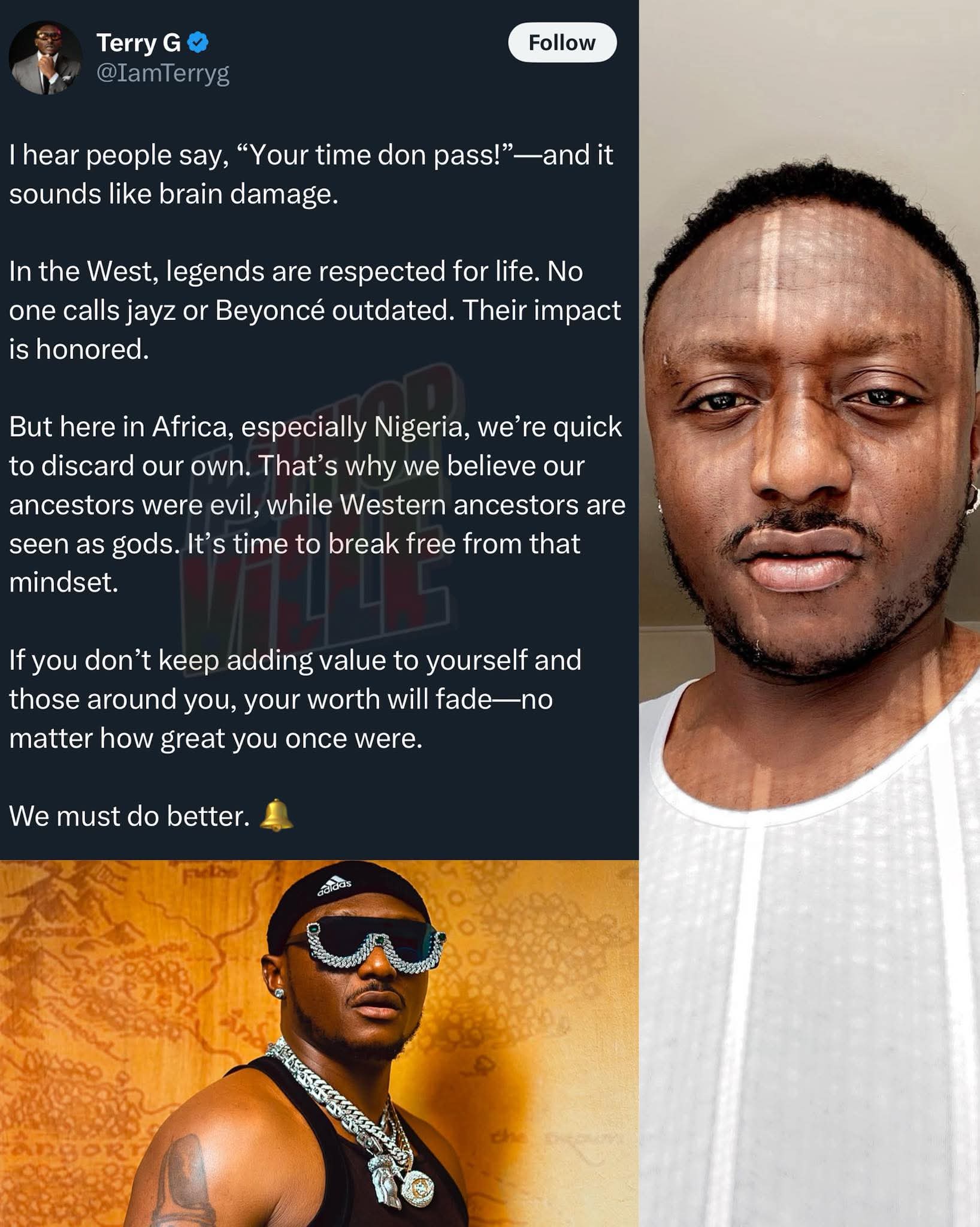 Terry G indeed made that comment, celebrating the tendency in Nigeria (and broader Africa) to sometimes forget or dismiss our own talents, unlike how global icons like Jay‑Z and Beyoncé are consistently lauded for their impact. He was referring to this trend while praising Wizkid, calling him “the Jay‑Z of our generation” for his influence, carriage, and trailblazing role in Afrobeats—remarks he made on the Afrobeats Podcast in mid‑June 2024 . 🎙️ His exact words (paraphrased) were along the lines of: “Here in Africa, especially Nigeria, we’re quick to discard our own. No one calls Jay‑Z or Beyoncé outdated. Their impact is honoured.” By drawing this contrast, Terry G was highlighting how Nigerian stars often face dismissal or neglect over time, even as international legends continue to receive enduring recognition. His praise of Wizkid was rooted in seeing those parallels and pushing for a more consistent appreciation of Nigerian greatness. It’s interesting to see an artist so candidly encourage the celebration of home-grown talent and urge viewers and fans not to rush to forget or disregard our local icons. Would you like to explore more examples where Nigerian artists have encouraged this kind of recognition, or perhaps insights on how industry advocacy has evolved?