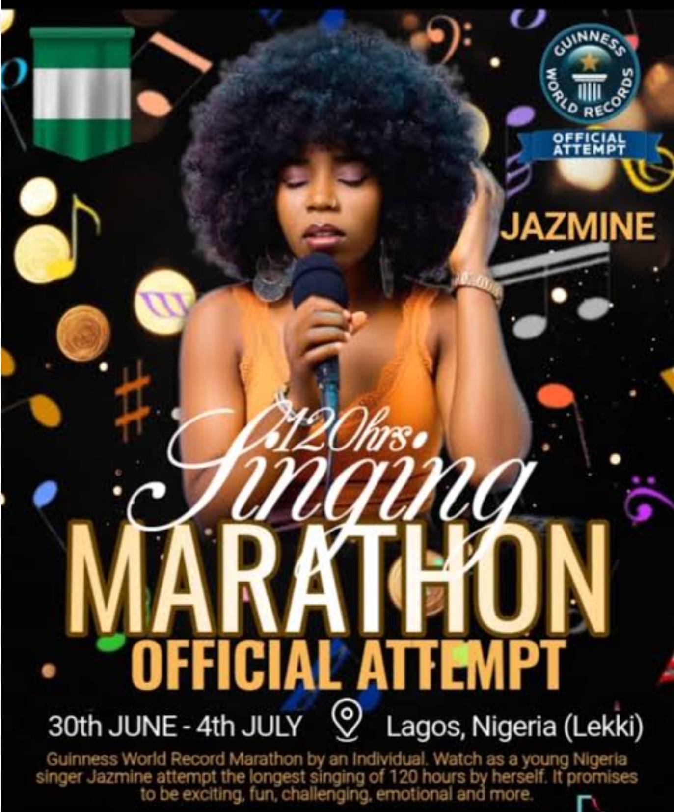 120 hours attempt longest singing marathon by an individual jazmine on 30th June 2025 lagos nigeria