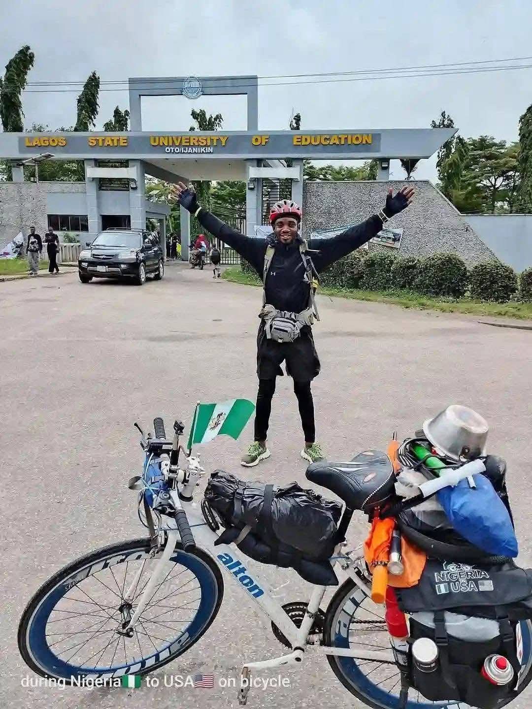 A Nigerian cyclist named Emmiwuks is reportedly attempting to ride a bicycle from Nigeria to the United States